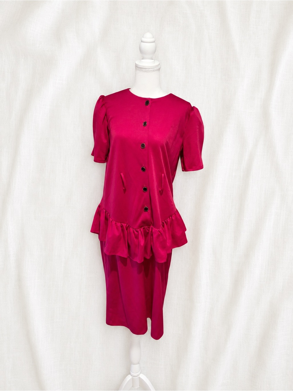 Vintage Magenta Ruffle Hem Button-Front Dress